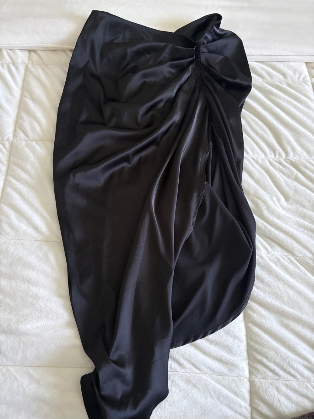 Black Draped Satin Midi Skirt